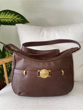Vintage Gianni Versace Brown Leather Gold Medallion Medusa Crossbody ShoulderBag